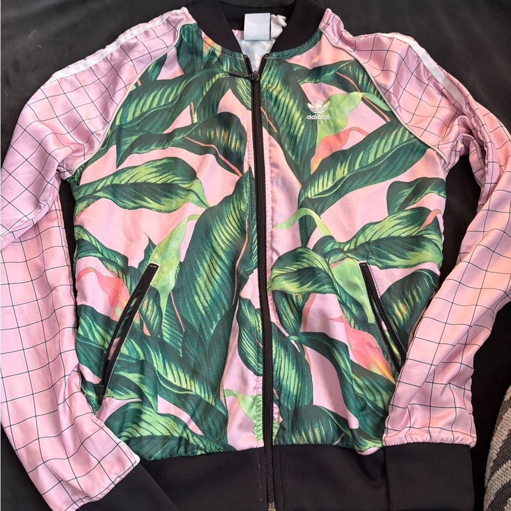 Adidas Women's Pink and Green Leaf Print Bomber Jacket